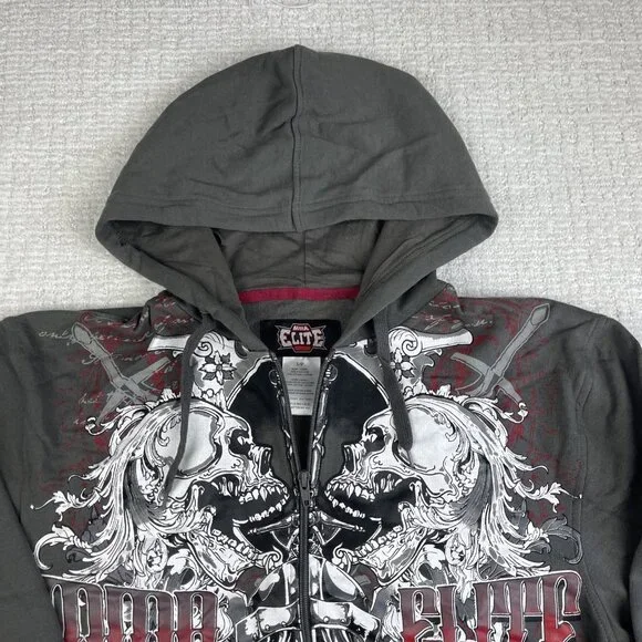 NWT MMA Elite Hoodie Gray Full Zip Up Small Y2K Goth Skull Punk Affliction Style - Picture 2 of 16